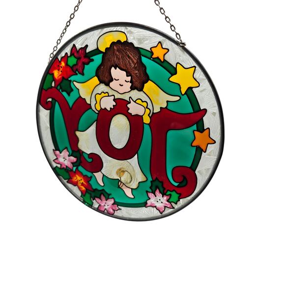 Vintage 1970s Stained Glass Window Hanging Christmas Angel Joy Round - Picture 3 of 4
